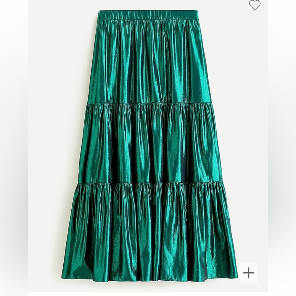 NWT J Crew Tiered Maxi Skirt in Metallic Green Lamé size Medium